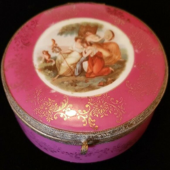 Pastoral Themed Lilac Colored Antique German Porcelain Jewelry Box With Mirror